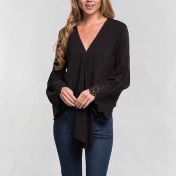 Last 1! 🌟Black Tie Front Bell Sleeve Top - Picture 4 of 8